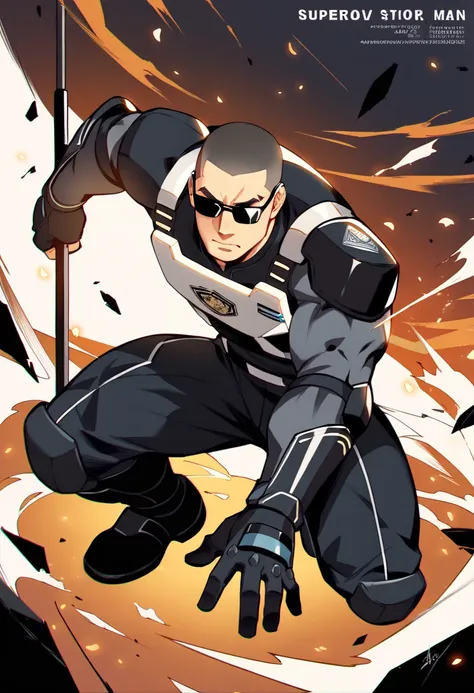  Arad man in yellow and black clothes kneeling in desolate ruins with his head in his hands,  muscular male hero , buzz cut, masculine heroic pose, Tall and corpulent, muscular!  Wears black sunglasses and sad expression , Stealth Suit,  Symmetrical patter...