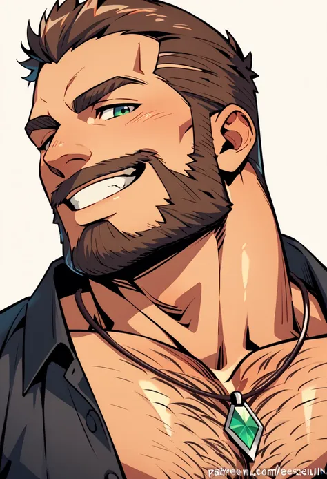 a handsome bearded tattoed hairy muscled man naked, open his black shirt, smile, green eyes, brown hair, short haircut, very handsome, big arms, thin waist, big chest, small nipples, perfect anatomy, wearing only necklace and open back shirt, masterpiece, ...