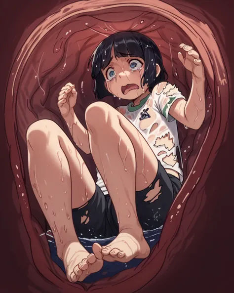 , solo, anime coloring, Tamaki Gokou,  , solo_vore_internal, inside stomach, tight space, vore, deep red water, stomach acid, gastric acids, wet, (wet skin:1.4), worried face, tears, pushing, very torn clothes, open mouth, anime coloring, screaming, full b...