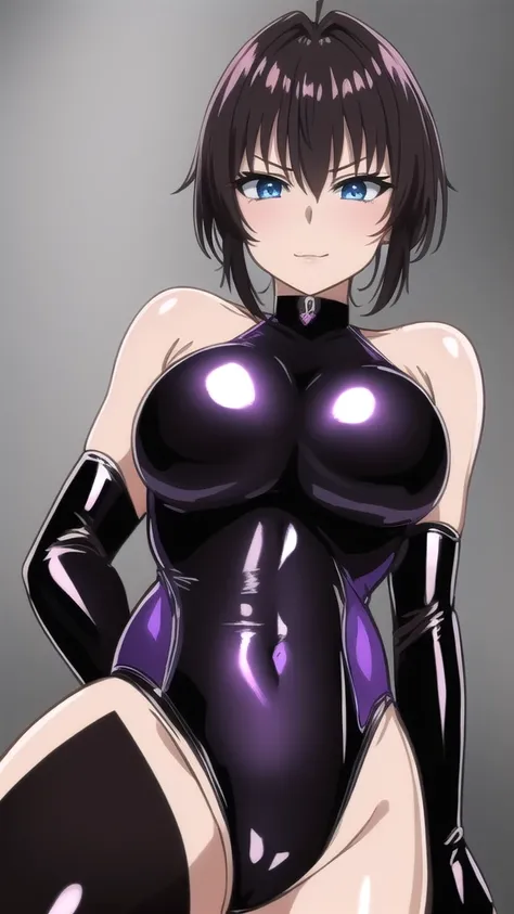   erotic 、、shiono nagisa 、Brown pixie cut、Big Breasts, Alone,  black latex competitive swimsuit　Hydra Suit、 off shoulder,  Purple Wicked Background , blue eyes、  best quality ,  detailed color,  detailed eyes,  high resolution,、 Evil Evil Female Executive、...