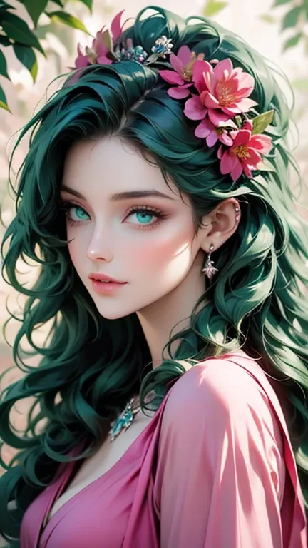 A stunning, luminous woman with cascading, silky light green hair and piercing aqua eyes, wearing a long pink silk dress, enchanted forest teeming with lush, emerald foliage and vibrant, exotic flowers, adorns a resplendent, ornate crown of blossoming wild...