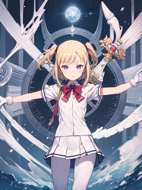  knight ， blonde anime girl，white short-sleeved school uniform ， white pleated skirt，white gloves， white pantyhose，giant magic sword 