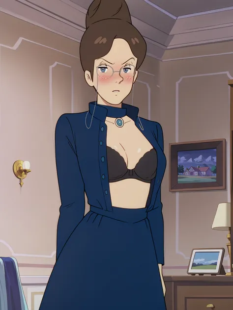 (((flat color,  vector art))), rottenmeier,  1girl , Alone, brown hair, (((Hair Bun, single Hair Bun))), glasses, big breast, (((navy blue dress, open shirt, black bra))), indoors, (((blush))), bedroom, ((( from the front, looking at viewer, portrait))),