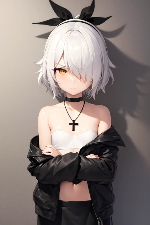 (( best quality )), ((masterpiece)), (  Details),  one boy, Women,  short hair, White Hair,  tousled hair, Bedhead,  zitoida, Narrow eyes,  I have a dark line under my eyes,  hide one eye ,  flat chest, black necklace , Black jacket,  white underwear,  bla...