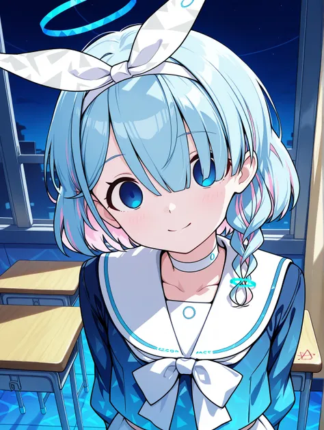 score_9, score_8_up, score_7_up, source_anime, 1girl, solo, upper body, arona \(blue archive\), blue eyes, blue hair,braid,bow hairband,halo,choker,white sailor collar,
smile, empty eye, closed mouth, arm behind back, head tilt, 
indoor, classroom, night, ...