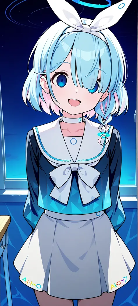 score_9, score_8_up, score_7_up, source_anime, 1girl, solo, upper body, arona \(blue archive\), blue eyes, blue hair,braid,bow hairband,halo,choker,white sailor collar,
smile, empty eye, open mouth, :d, arm behind back, head tilt, 
indoor, classroom, night...