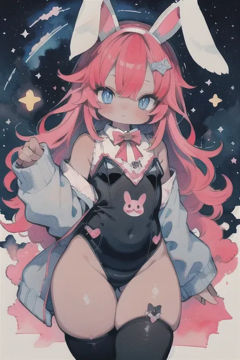 Cute boy, rabbit ears, red hair, light blue eyes, dark skin, thighs, blush, watercolor, starry sky