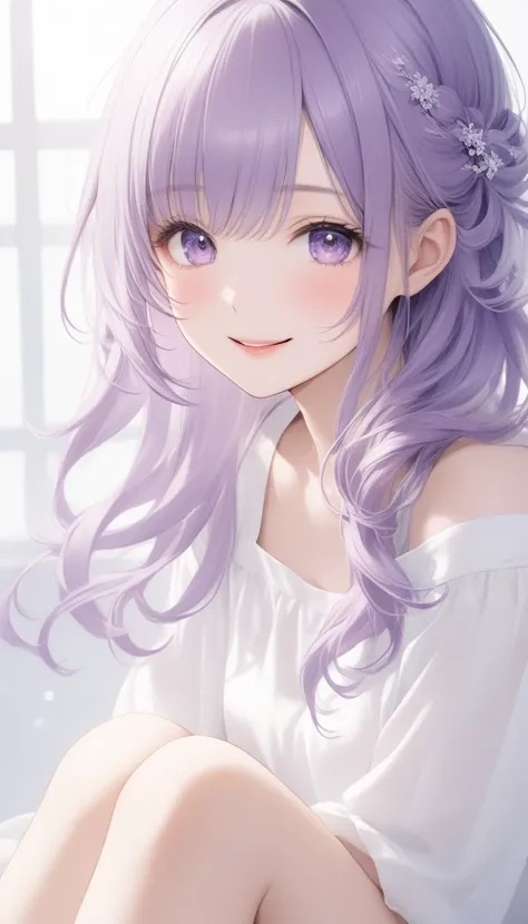  ONE CUTE -OLD GIRL ,Young Face、 slim figure、Thin legs、８Head to Body、(( Beautiful Purple Hair ))、( light blue inner color )、((Cool long hairstyle ))、(( clothes that look big ))、 lens flare,Natural colors,  high resolution ,  very delicate ,  tall Highly de...