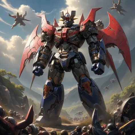 Mazinger Z , teeth、I'm 100 meters tall and in a combat pose  　  surrounded by multiple giant enemy robots and I'm taking a lot of damage,  armor has been destroyed in a very realistic version of  ,  、 I can see the internal machinery and electronic compone...