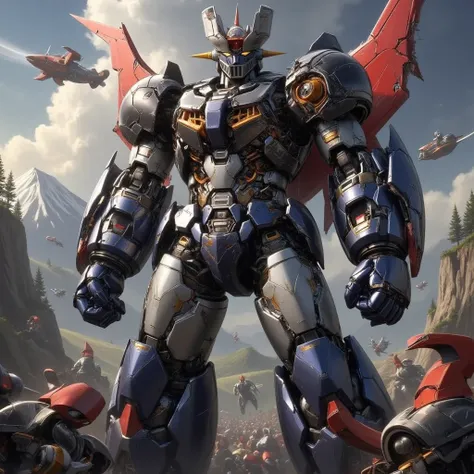 Mazinger Z , teeth、I'm 100 meters tall and in a combat pose  　  surrounded by multiple giant enemy robots and I'm taking a lot of damage,  armor has been destroyed in a very realistic version of  ,  、 I can see the internal machinery and electronic compone...