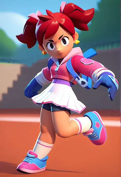 best quality, masterpiece, highres, detailed, digital artwork, short twintails, red hair, black eyes, blue gloves, pink hoodie, white skirt, shorts under skirt, ready to battle, jumping, white socks with a pink stripe, orange tennis shoes with white laces,...