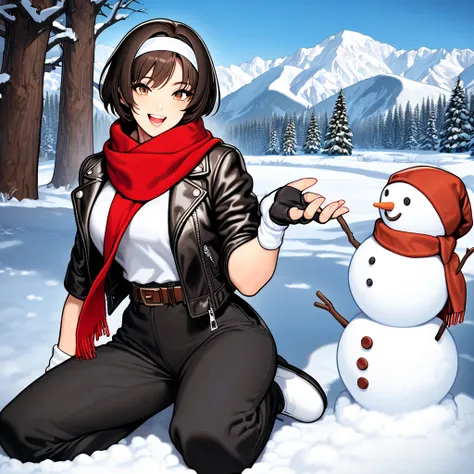 Masterpiece, Finest, 1 girl, 1 snowman, open mouth, smiling, kneeling, (puts hand on snowman), looking at viewer, snow, snowy mountains, trees, snow scene, black hair, short cut, medium build , (black leather jacket with arms rolled up), open jacket, finge...