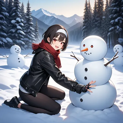 Masterpiece, Finest, 1 girl, 1 snowman, open mouth, smiling, kneeling, (puts hand on snowman), looking at viewer, snow, snowy mountains, trees, snow scene, black hair, short cut, red eyes, medium (black leather jacket with arms rolled up), open jacket, fin...