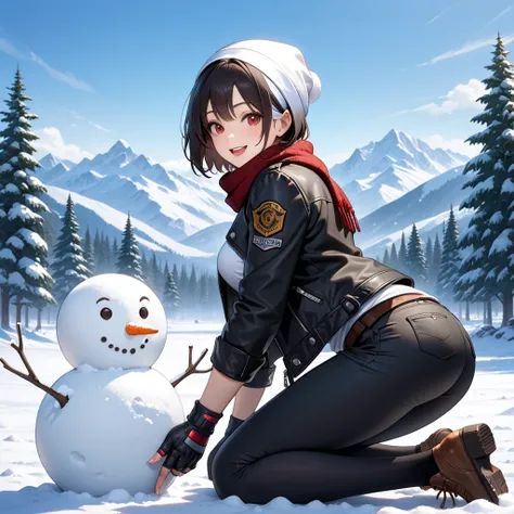 Masterpiece, Finest, 1 girl, 1 snowman, open mouth, smiling, kneeling, (puts hand on snowman), looking at viewer, snow, snowy mountains, trees, snow scene, black hair, short cut, red eyes, medium (black leather jacket with arms rolled up), open jacket, fin...