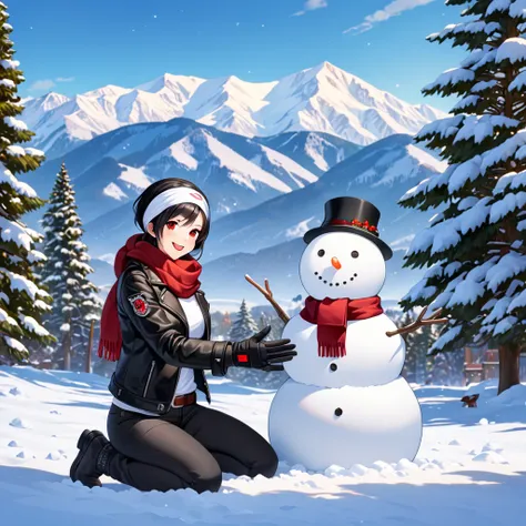 Masterpiece, Finest, 1 girl, 1 snowman, open mouth, smiling, kneeling, (puts hand on snowman), looking at viewer, snow, snowy mountains, trees, snow scene, black hair, short cut, red eyes, medium (black leather jacket with arms rolled up), open jacket, fin...