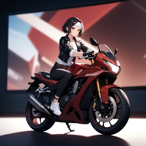 One woman, black hair, short cut, red eyes, smiling, she is wearing ((black leather jacket with sleeves rolled up)), fingerless gloves, white T-shirt, ((white headband)), black Pants, white shoes, brown belt, red Akira bike, riding a motorcycle, great scre...