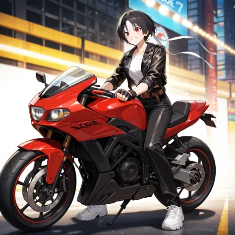 One woman, black hair, short cut, red eyes, smiling, she is wearing ((black leather jacket with sleeves rolled up)), fingerless gloves, white T-shirt, ((white headband)), black Pants, white shoes, brown belt, red Akira bike, riding a motorcycle, great scre...