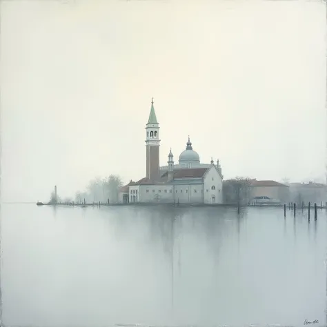 Pastel drawing、abstract painting style 、 San Giorgio Maggiore in the fog 、 The island of San Giorgio Maggiore floating in the ocean can be seen in the distance、The entire screen is light gray and white 、Matisse style、 fauvism style 、 blurry picture、Flat pa...