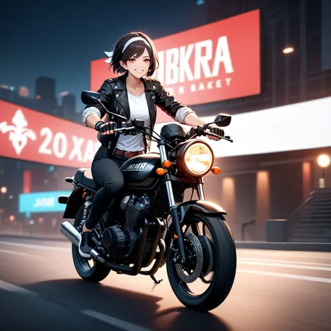 One woman, black hair, short cut, red eyes, smiling, she is wearing (black leather jacket with sleeves rolled up), fingerless gloves, white T-shirt, ((white headband)), black pants, white Shoes, brown belt, red Akira bike, riding a motorcycle, great screen...