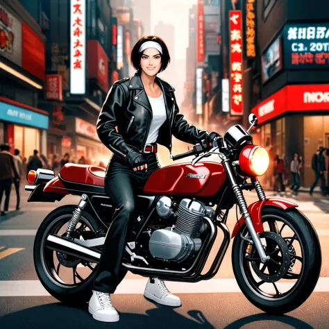 One woman, black hair, short cut, red eyes, smiling, she is wearing (black leather jacket with sleeves rolled up), fingerless gloves, white T-shirt, ((white headband)), black pants, white Shoes, brown belt, red Akira bike, riding a motorcycle, great screen...