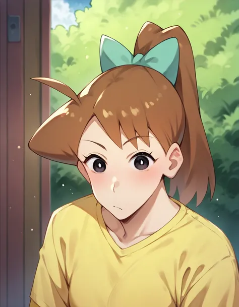 score_9, score_8_up, score_7_up, score_6_up, score_5_up, score_4_up,
ishizaka midori, 1girl, solo, brown hair, high ponytail, long hair, black eyes, ahoge, hair bow, yellow shirt,