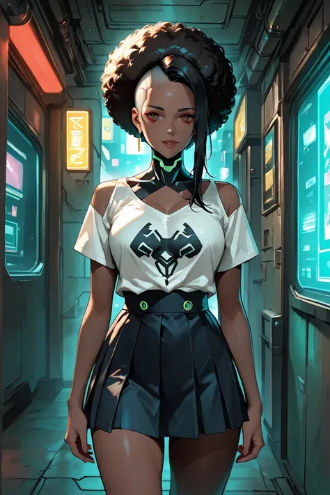 Cyberpunk style woman, black woman with Afro shaved hair on one side, wearing skirt and eletang shirt, fitturist apartment in background