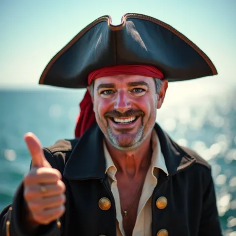 Photograph Smiling happy male pirate with a goatee , aged 55 giving a thumbs up, ocean, depth of field, bokeh, pirate hat, no beard, pirate has a goatee