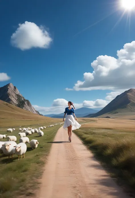 ( is a prairie in the background:1.5、lawn、 Distant Mountains 々:1.5、(Take a walk surrounded by a large flock of sheep:1.5、Walking through the grasslands:1.5))、(( dynamic pose:1.5、 MOTION BLUR :1.5))、(( One Girl:1.5)、((Girl:1.5)))、university student:1.5、 bes...