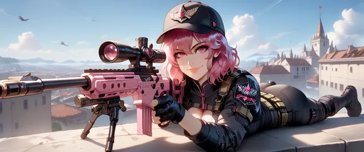 ultra-detailed, 1girl, solo, ((masterpiece)), (best quality), (highres), 16K, pink eyes, pink hair, medium hair, cap, wearing tactical gear, fingerless gloves, tactical belt, knee pads, black thong, boots, busty body, large breasts and a beautiful ass, sho...