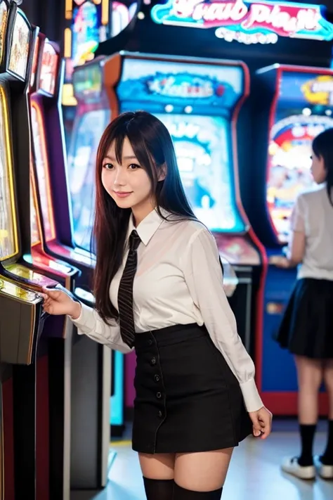  Japanese woman in her 20s、 long dark brown hair、white shirt and black miniskirt 、 black knee-high socks、 playing a music game at the arcade、