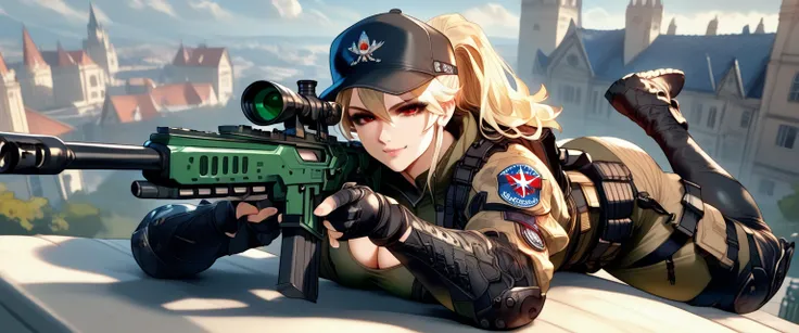 ultra-detailed, 1girl, solo, ((masterpiece)), (best quality), (highres), 16K, red eyes, blonde hair, long hair, cap, ponytail, wearing tactical gear, fingerless gloves, tactical belt, knee pads, black thong, boots, busty body, large breasts, showcasing cle...