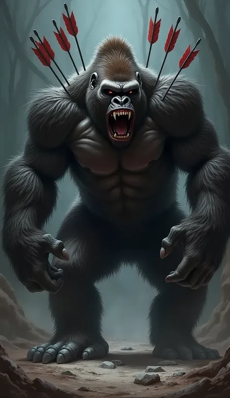 Strong gorilla with a back full of arrows and with an evil face 