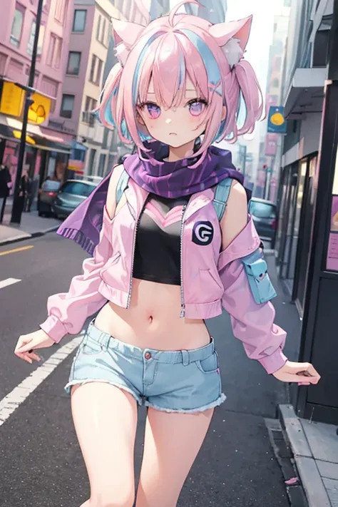 Very beautiful and  Eyeliner、 Eyeliner、(((( pink and light blue))) (( streak hair)), Highlight Hair ,) ( one girl outside running),, ((( purple eyes))), cat ears、 1 girl、 small breasts、Big Mouth 、 high school girl、 small breasts、Cat ears、 I'm looking for t...