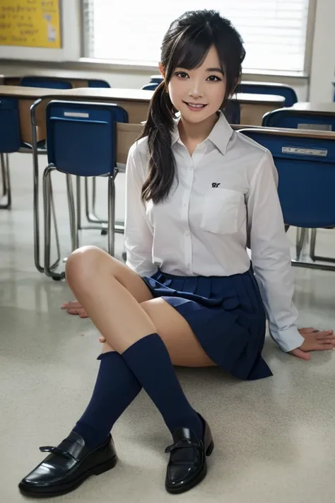 1japanese girl, white long sleeve collared shirt, white folded socks, navy blue pleated skirt, black loafers, lower ponytail, bang, black hair, smile, sitting on floor in classroom, BREAK, (full body shot:1.3), BREAK, (masterpiece, best quality:1.4), (8k, ...