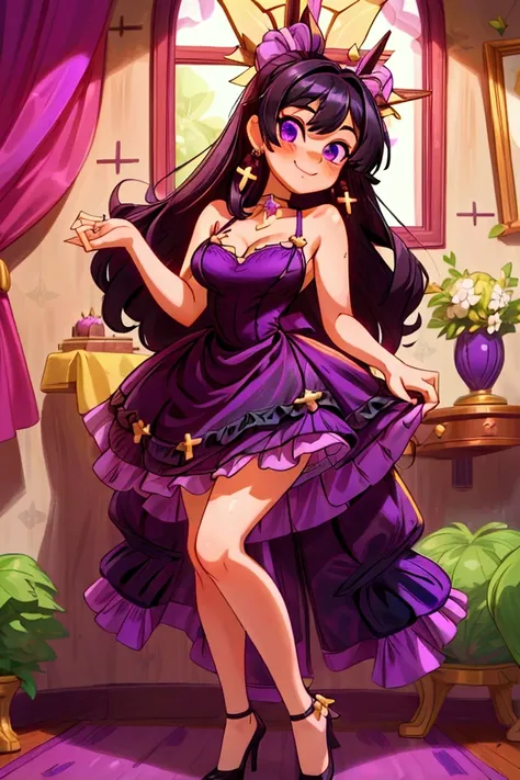 (Masterpiece, best quality) 1 girl, black hair, medium long hair, purple eyes, standing indoors with intricate details and sunlight. Purple frill dress short neckline, black heels, cross earrings. Sweet smile, sexy pose, coquette, beautiful legs, mature bo...