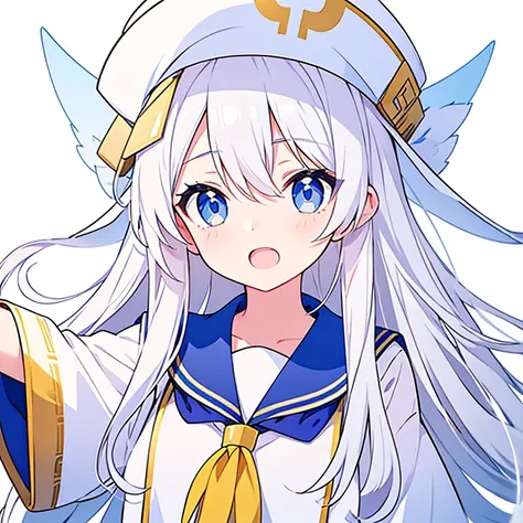  have an open mouth、Pure white background、tachi-e、 watching viewers 、 white hat with gold decoration、 long white hair that covers shoulders、Sailor&#39; white uniform