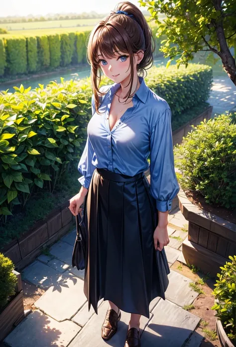 1girl, (full body), summer, trees, house, fantasy landscape, water, light brown hair, ponytail, large full breasts, dark blue eyes, ((blue silk shirt)), ((short sleeved shirt)), ((unbuttoned shirt)), ((unbuttoning shirt)), (cleavage), ((long skirt)), brown...