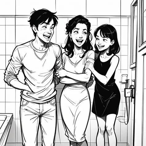  image of a family with ren, happy in a bathroom , sketch,  cartoon ,  black and white, laughter,  image for ren