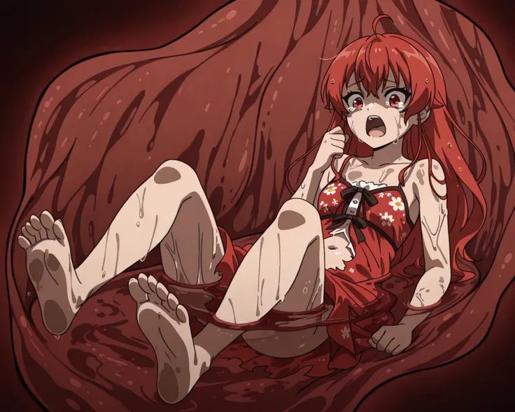 sysdeep_eris, red hair, red eyes, solo, floral sundress, barefoot,, solo_vore_internal, inside stomach, tight space, vore, deep red water, stomach acid, gastric acids, wet, (wet skin:1.4), despair face, tears, pushing, very torn clothes, open mouth, punchi...