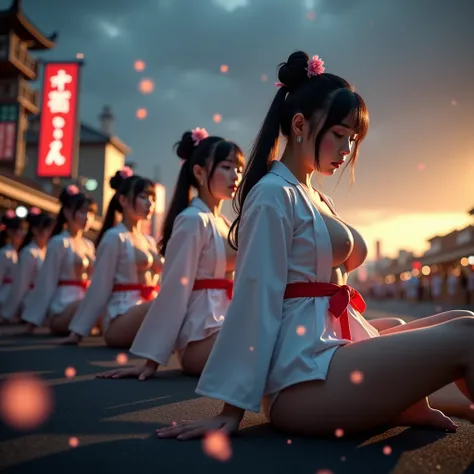 Exposed Open Gigantic Cleavage, CoveredNipple without Bra, Transform into 8K UltraDetailed Live-Action, Photorealistic, ExtremelyDetailed Professional Photography of KAWAII FUNDOSHI Girls at HAKATA GION YAMAKASA, FullBody from below, MagicHour Miracle, Eth...