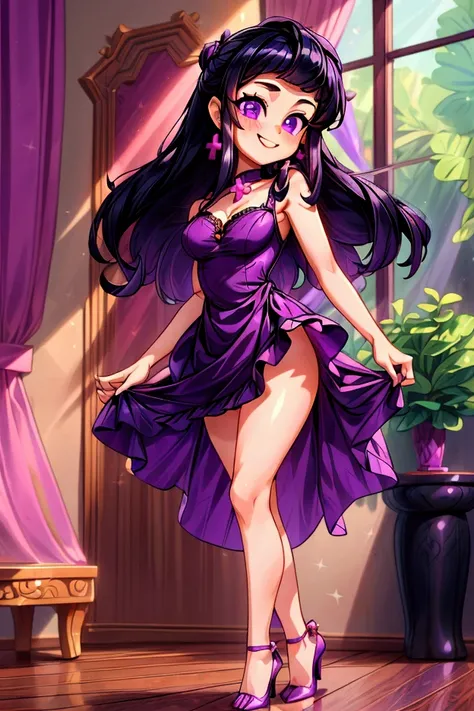 (Masterpiece, best quality) 1 girl, black hair, medium long hair, purple eyes, standing indoors with intricate details and sunlight. Purple frill dress short neckline, black heels, cross earrings. Sweet smile, sexy pose, coquette, beautiful legs, mature bo...