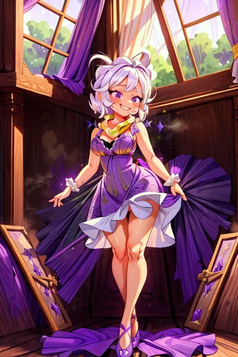 Masterpiece, best quality, 1 old woman, white hair, standing indoors with intricate details and sunlight. purple and green frilled long dress, scarf, purple metallic arm, sexy smiling, sexy pose, coquette, beautiful long legs, mature girl, gorgeous body.