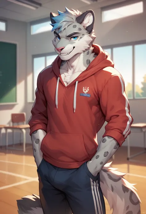 Solo male , furry, gray leopard, blue eyes , coach, School, hoodie pants, fit body 