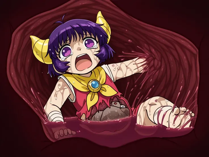 score_8_up, BREAK, laila, 1girl, solo, purple hair, short hair, purple eyes, horns , cowboy shot,   barefoot
solo_vore_internal, inside stomach, tight space, vore, deep red water, stomach acid, gastric acids, wet, (wet skin:1.4), despair face, tears, pushi...