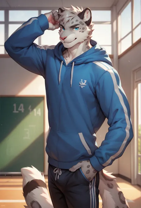 Solo male , furry, gray leopard, blue eyes , coach, School, hoodie pants, fit body 