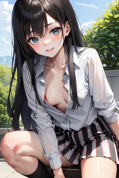 (Masterpiece:1.2,  best quality ),  1 girl, (Yuki no Yukinoshita's girlfriend:1.5),  smirking ,  slim, slender,  green eyes, Sharp Eye,  small_chest,  flat _Chest,  slits in front,  facing viewer, from below,  white shirt,  pleated skirt, black,  Knee-High...