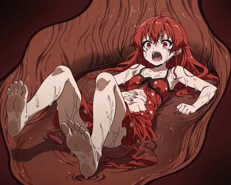 sysdeep_eris, red hair, red eyes, solo, floral sundress, barefoot,, solo_vore_internal, inside stomach, tight space, vore, deep red water, stomach acid, gastric acids, wet, (wet skin:1.4), despair face, tears, pushing, very torn clothes, open mouth, punchi...