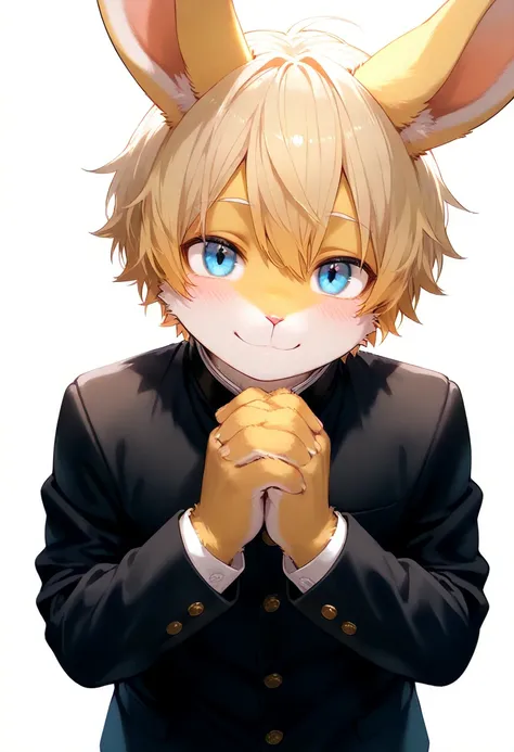 1boy, (furry, kemono:1.4), rabbit boy, animal nose, rabbit ears,  blonde hair, blue eyes, short hair, school uniform, long sleeves, gakuran, jacket, own hands together, looking at viewer, own hands clasped, interlocked fingers, solo, male focus, upper body...