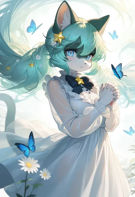 1girl, (furry, kemono:1.4), cat girl, animal nose, cat ears, long hair, parted lips, blue eyes, green hair, very long hair, aqua hair, floating hair, long sleeves, bowtie, frills, dress, hair ornament, shirt, star (symbol), white dress, skirt, see-through,...