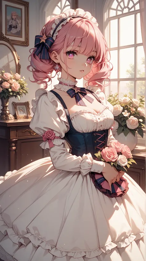 , 
girl, short pink hair, pink eyes with star-shaped pupils. a victorian style dress